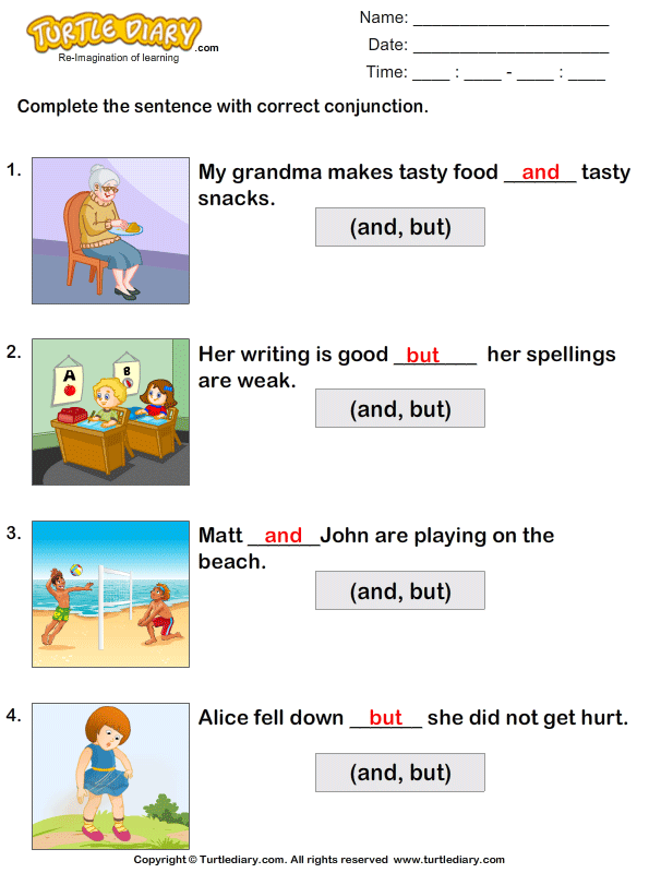 Fill in the Blanks using Conjunctions But And Worksheet - Turtle Diary