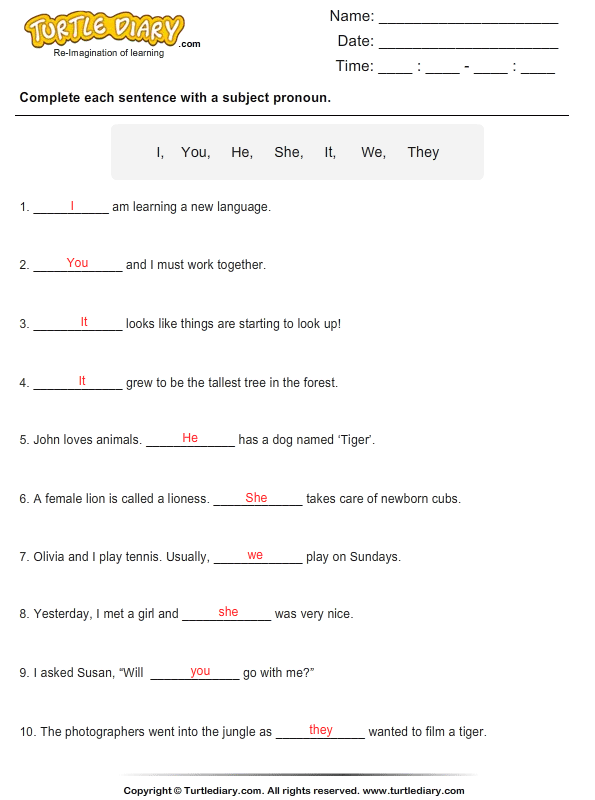 fill in the blanks with subject pronouns worksheet turtle diary