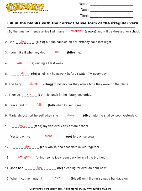 Fill in the Blanks with the Correct Tense Form of the 