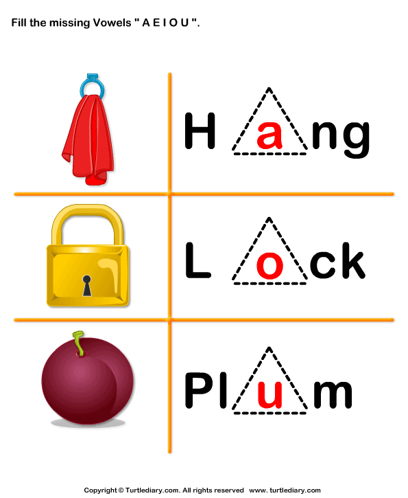 Fill in the Missing Vowels A O U Worksheet - Turtle Diary