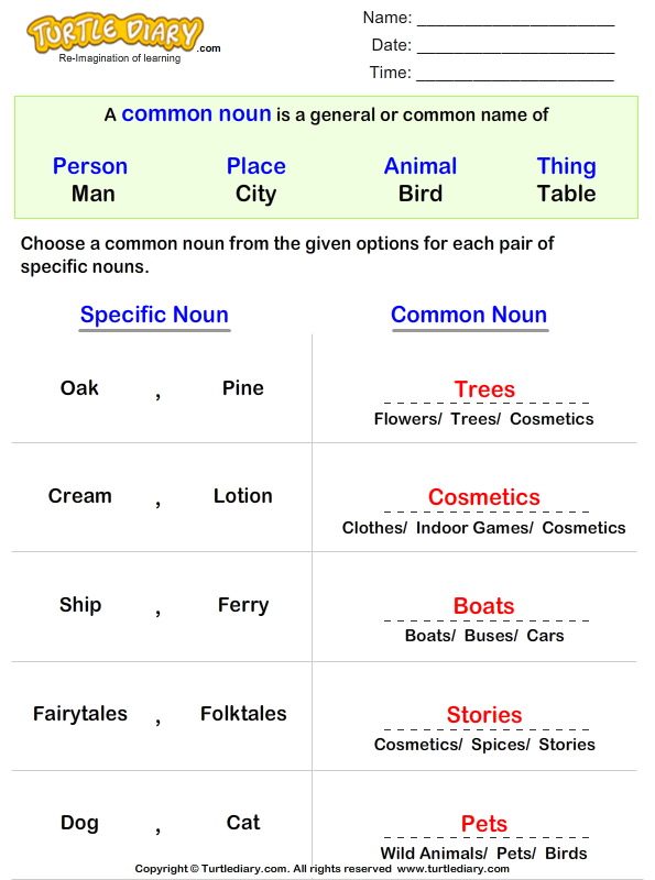 Find a Common Noun for the Given Words Worksheet - Turtle Diary