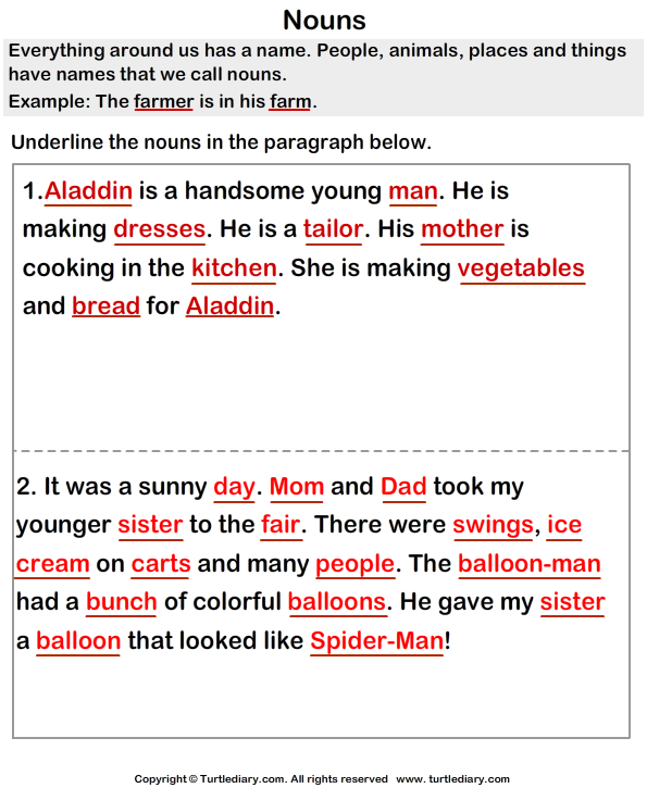 Find Nouns from Paragraph Aladdin Worksheet - Turtle Diary