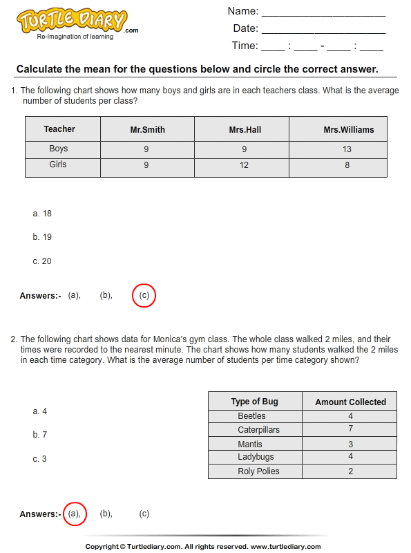 find the mean using charts worksheet turtle diary