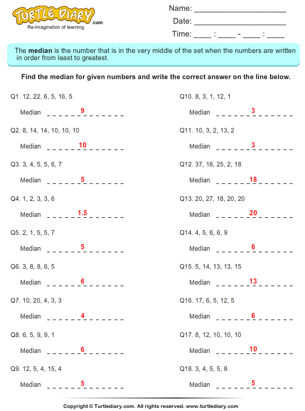 find the median of the numbers worksheet turtle diary