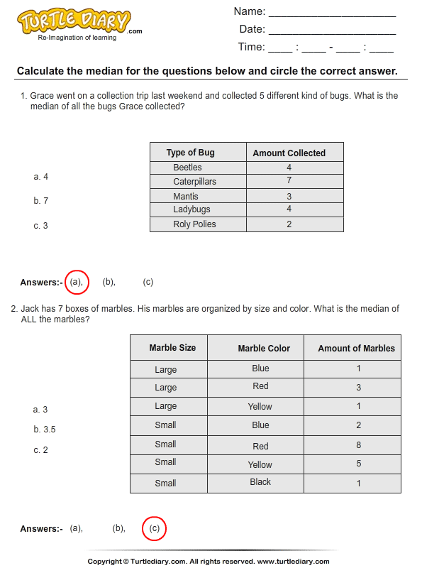 find the median using charts worksheet turtle diary