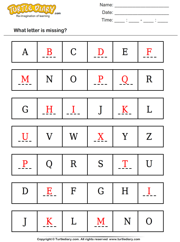 answers alphabet worksheet Worksheet  Letters Find  The Missing Turtle Diary