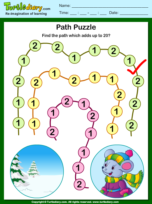 Find the Path Which Adds up to Twenty Worksheet - Turtle Diary