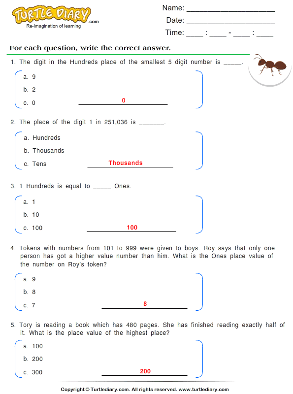 find the place value of a digit worksheet turtle diary