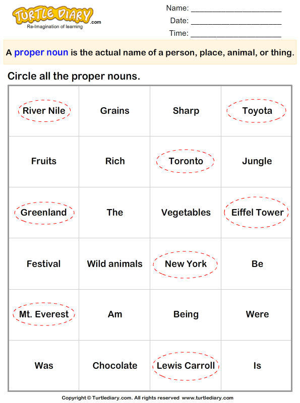 find the proper nouns worksheet turtle diary