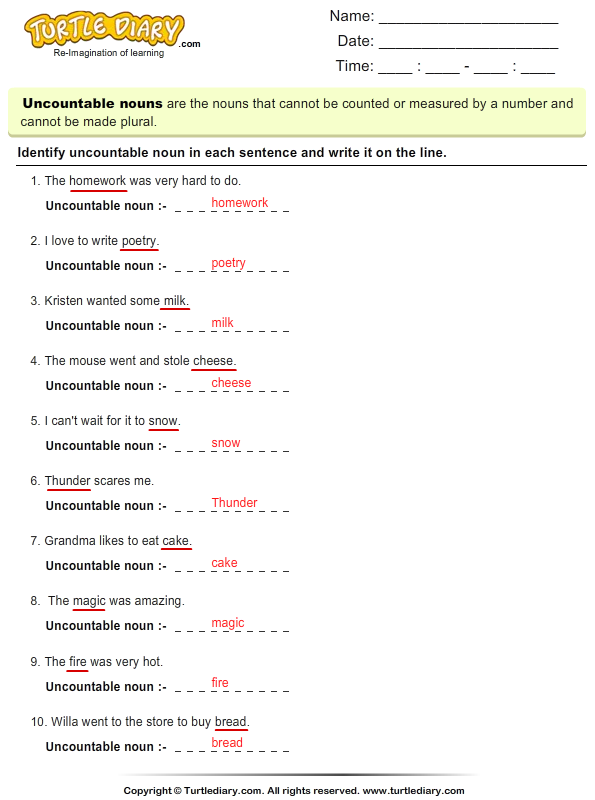 Find the Word that is Uncountable Noun Worksheet - Turtle Diary
