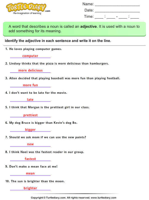 Finding Adjectives in Sentences Worksheet - Turtle Diary