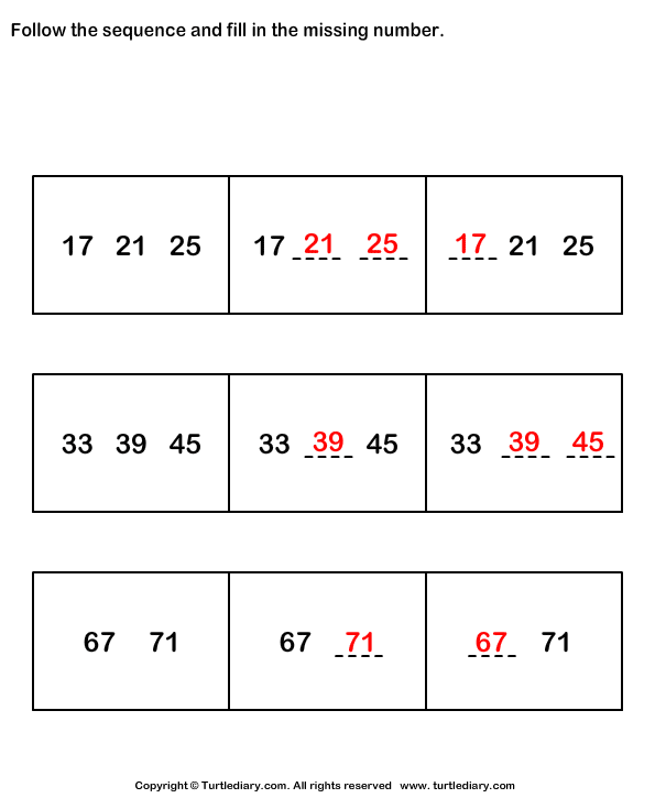 follow sequence and fill missing numbers worksheet turtle diary