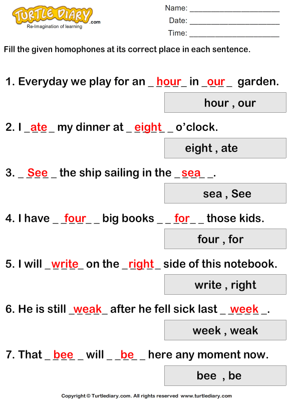 Homophone Complete The Sentence Worksheet Turtle Diary