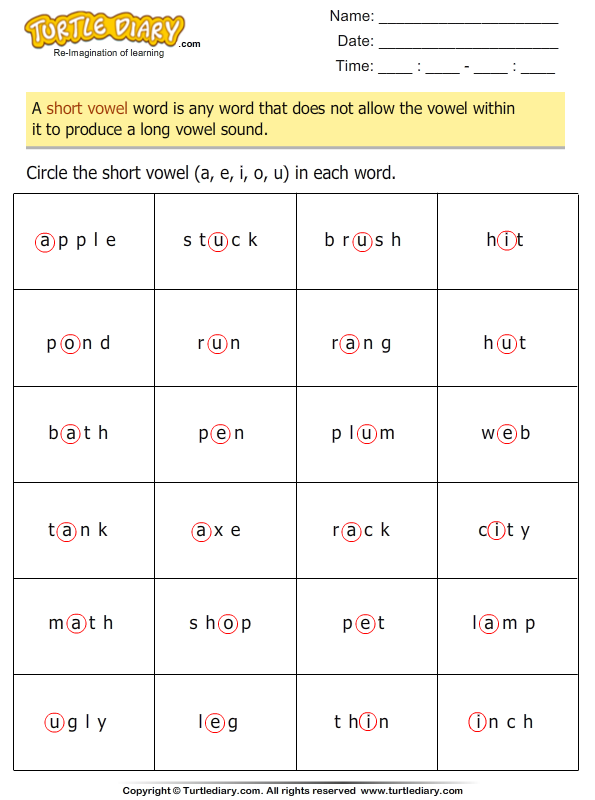 Identify and Circle the Short Vowel in each Word Worksheet - Turtle Diary