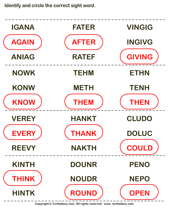 Identify and Circle the Sight Words Worksheet - Turtle Diary