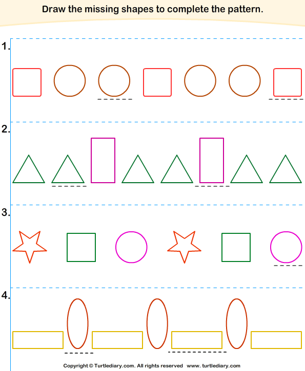 identify missing shapes to complete patterns worksheet