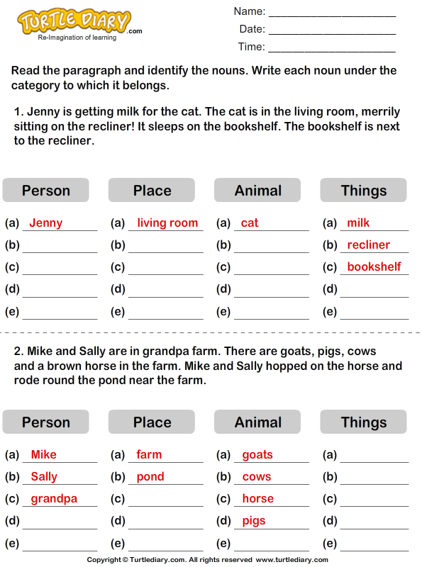Identify Nouns From The Paragraph Cat Worksheet Turtle Diary
