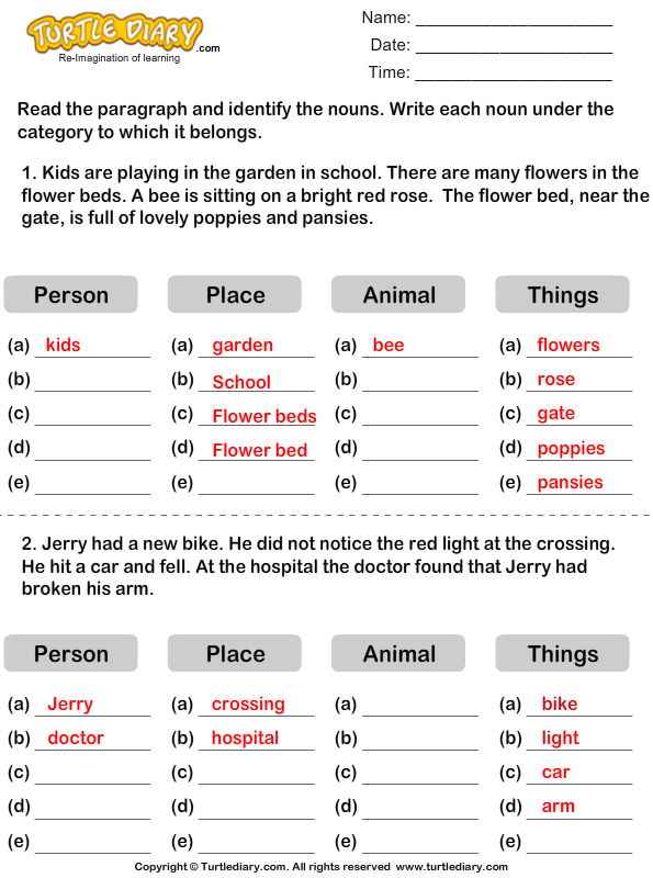 Identify Nouns from the Paragraph Garden Worksheet Turtle Diary