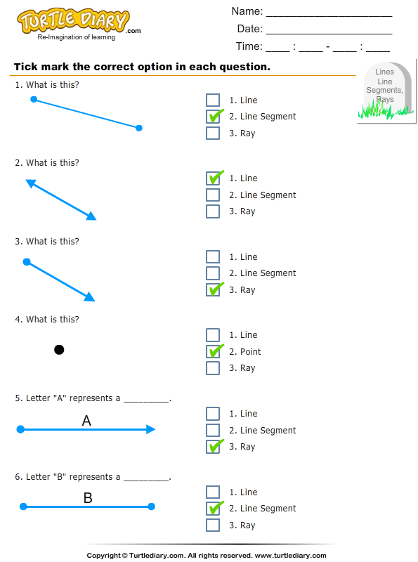 Identify Point, Line, Ray, and Line Segment Worksheet - Turtle Diary