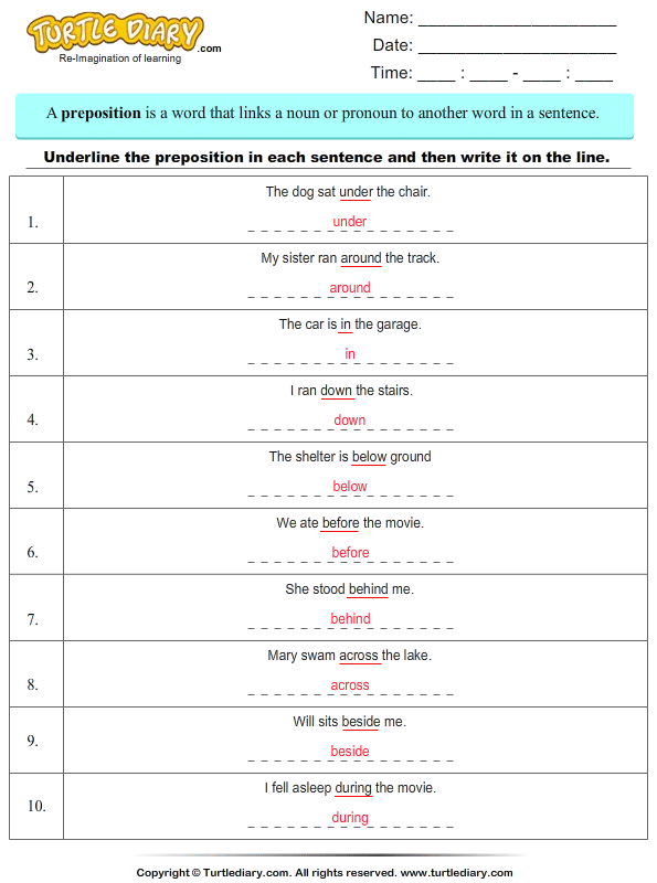 Identify Prepositions in Sentences Worksheet - Turtle Diary