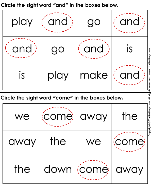 Identify Sight Words and Come Worksheet - Turtle Diary