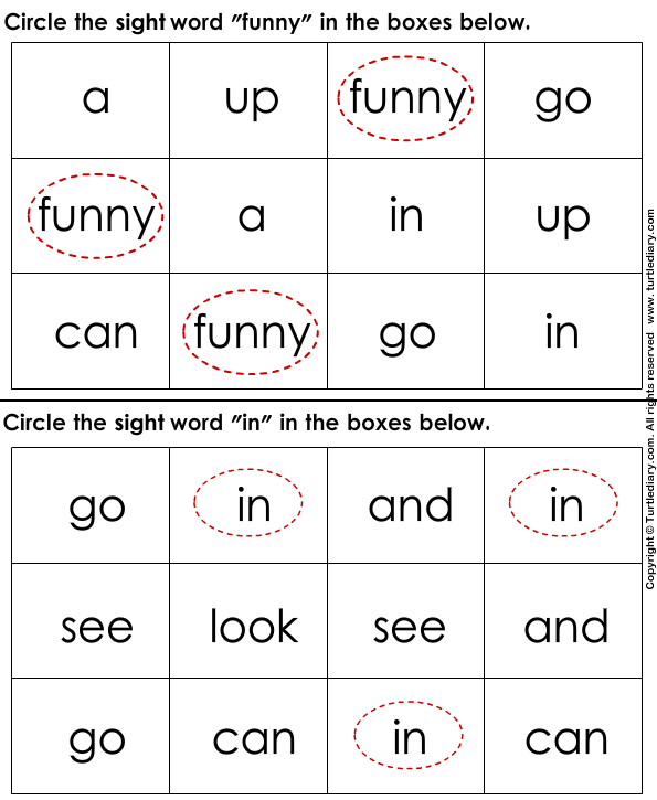 Identify Sight Words Funny In Worksheet - Turtle Diary