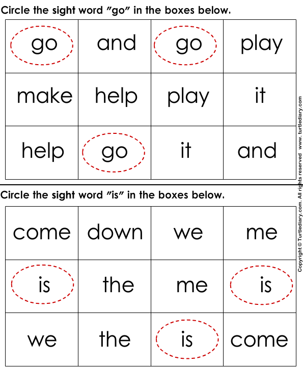 Identify Sight Words Go Is Worksheet Turtle Diary