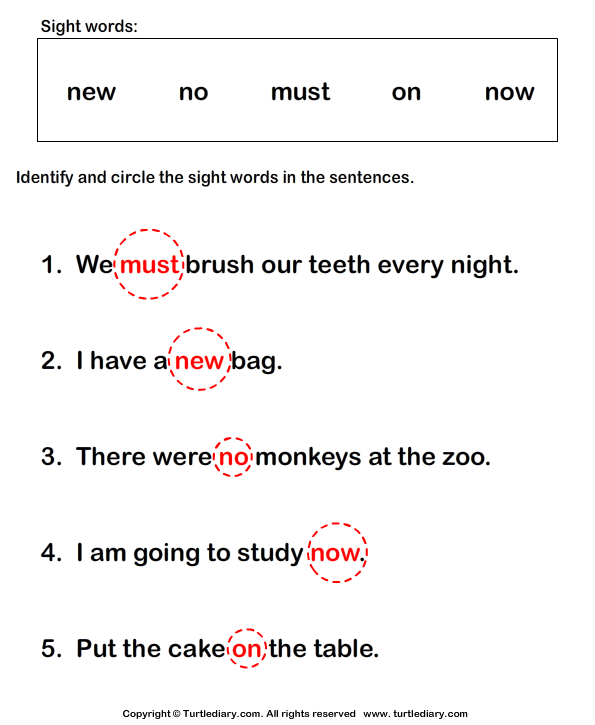 Identify Sight Words New No Must On Now Worksheet - Turtle Diary