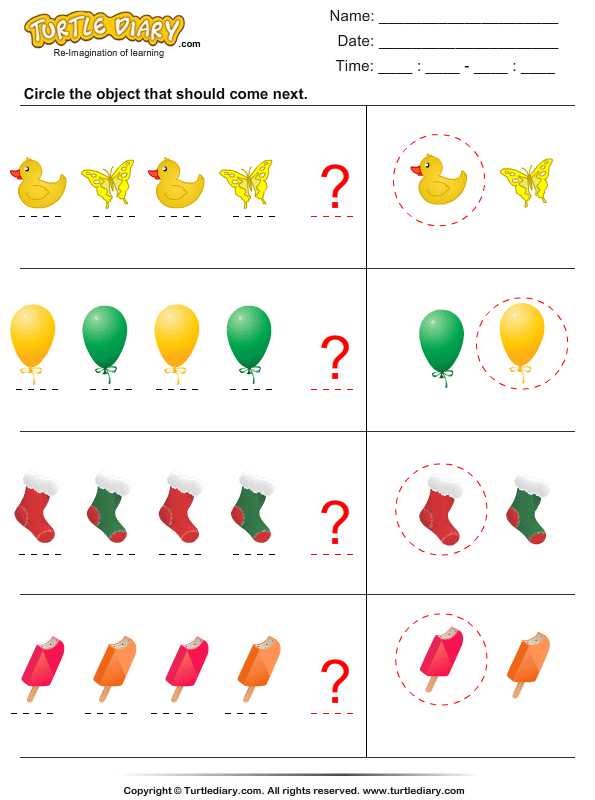 identify the object that comes next in the pattern worksheet turtle diary