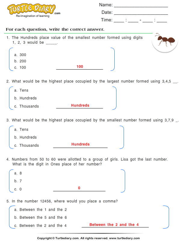 identify the place value of a number worksheet turtle diary