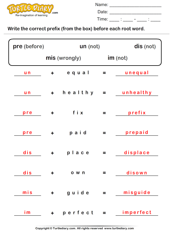 Identify the Prefix before Root Word Worksheet - Turtle Diary