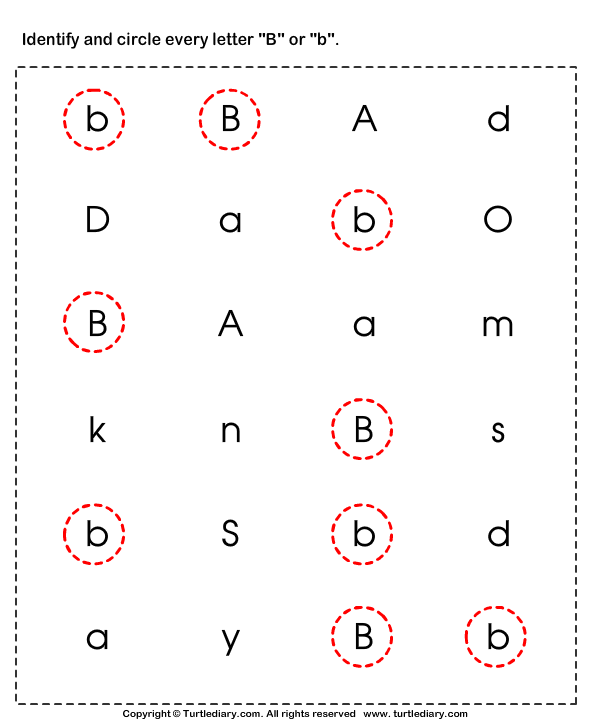 Identifying Lowercase and Uppercase Letter B Worksheet - Turtle Diary