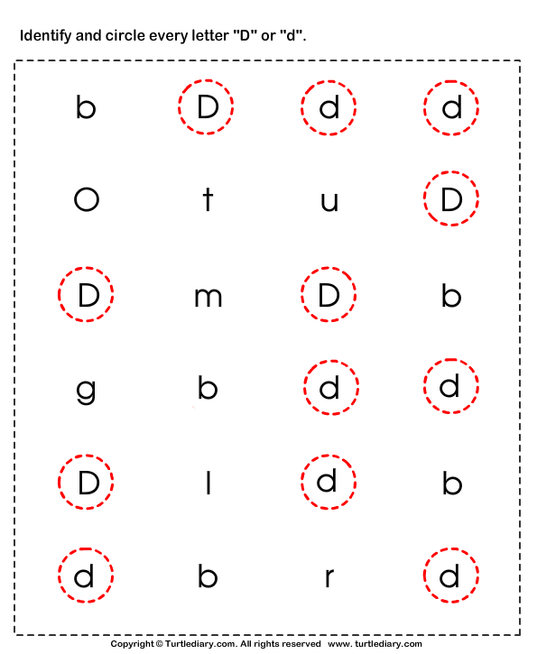 Identifying Lowercase and Uppercase Letter D Worksheet - Turtle Diary