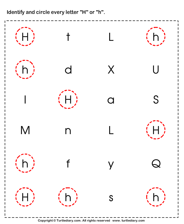 identifying lowercase and uppercase letter h worksheet turtle diary