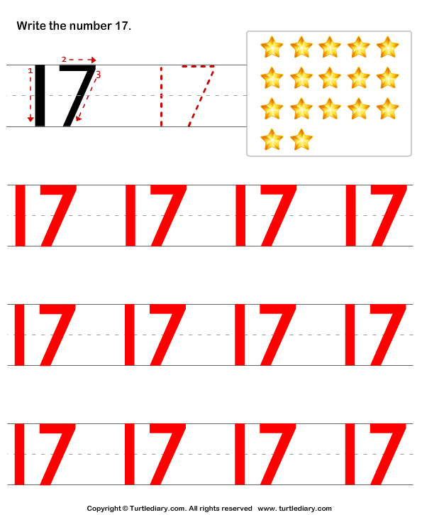 Learn to Write Number Seventeen Worksheet - Turtle Diary