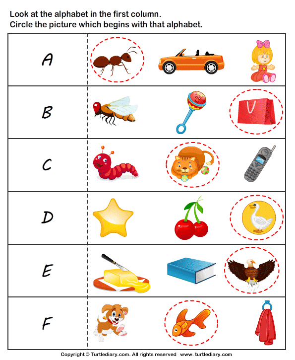 Letter Sounds A to F Worksheet Turtle Diary