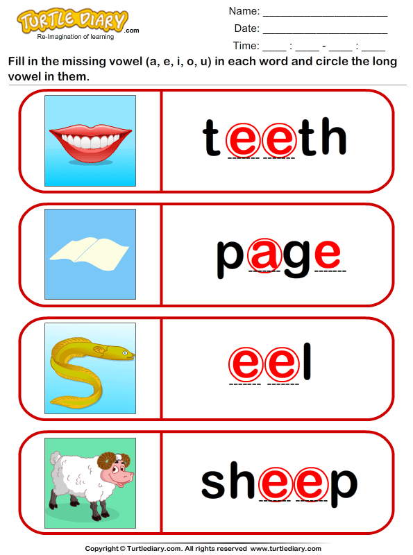 long a e i o and u vowel worksheet turtle diary