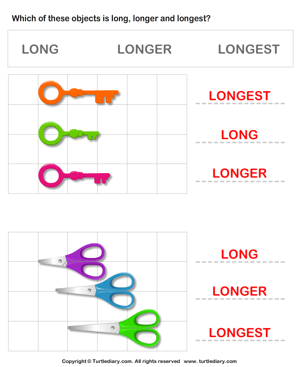 Long Longer Longest Key and Scissor Worksheet - Turtle Diary