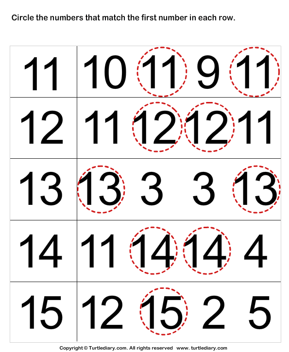 Match Numbers up to Fifteen Worksheet - Turtle Diary