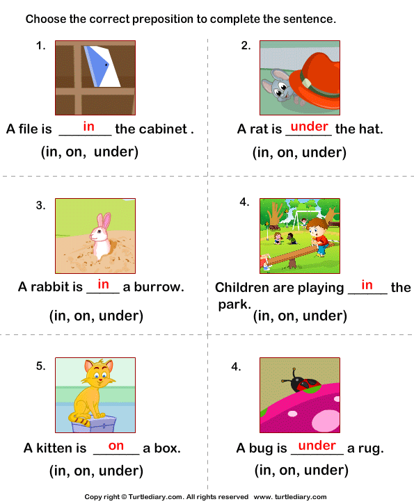 Prepositions In On Under Worksheet Turtle Diary