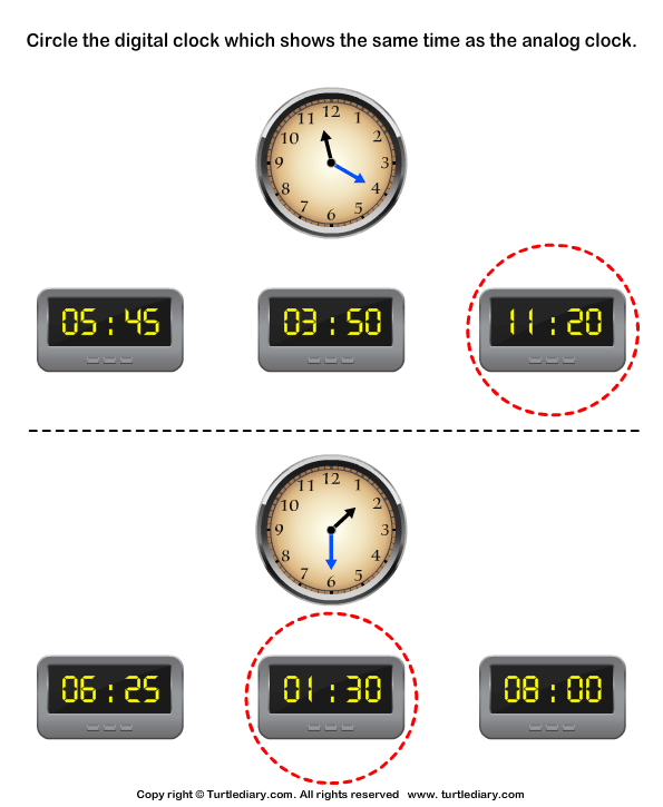 Read Analog Clock and Match with Digital Clock Worksheet Turtle Diary