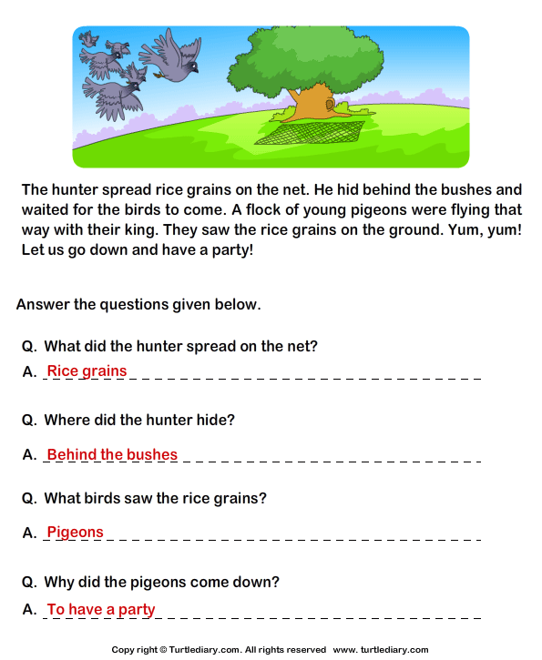 Reading Comprehension Hunter and Pigeons Worksheet - Turtle Diary