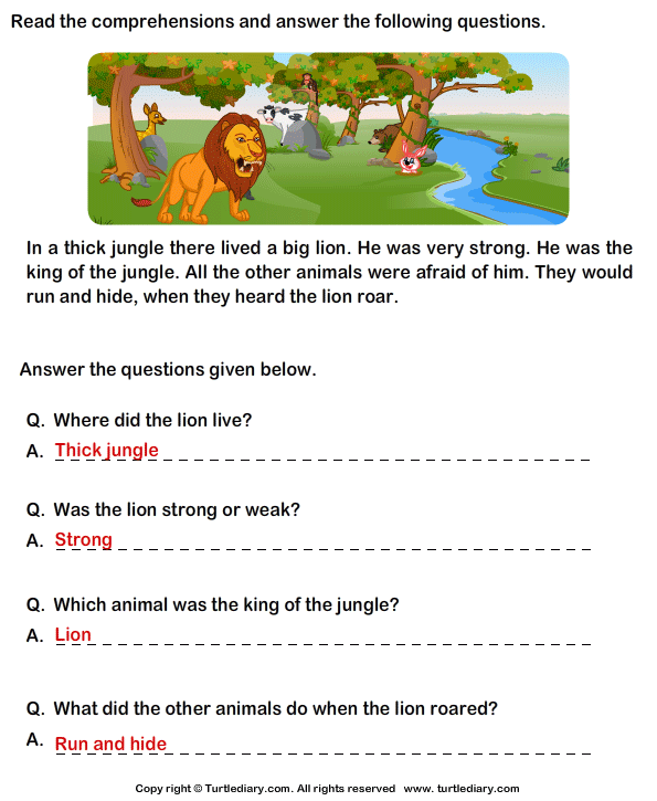 Reading Comprehension Lion Worksheet - Turtle Diary