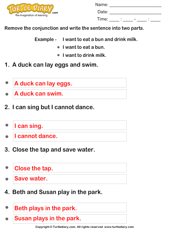 Remove the Conjunction and Rewrite the Sentence Worksheet - Turtle Diary