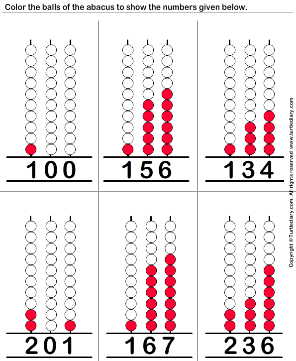 Represent Three Digit Numbers on Abacus by Coloring Balls Worksheet