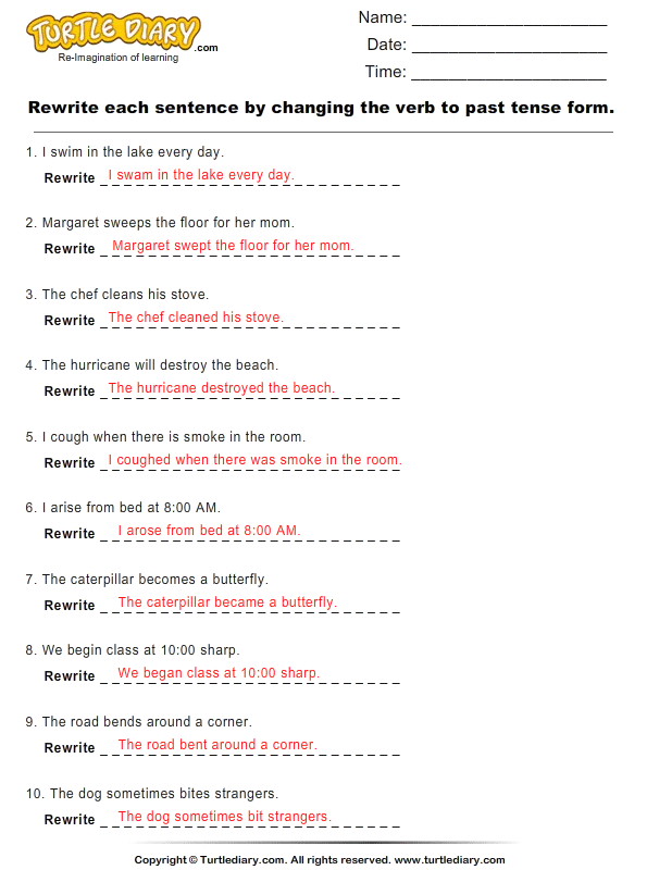 Rewrite Sentence by Changing Verb to Past Tense Form Worksheet - Turtle