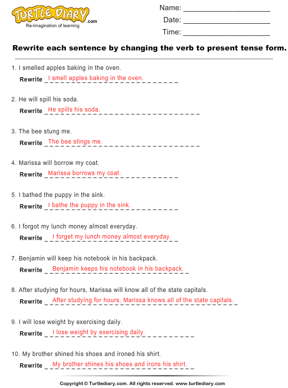 unscramble english words exercises Tense Present Sentence Verb Form Changing by Rewrite to