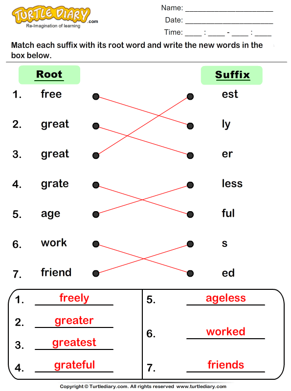 Root Word and Suffix Match Worksheet - Turtle Diary