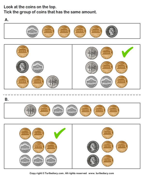 Same Amount with Different Coin Combinations Worksheet - Turtle Diary