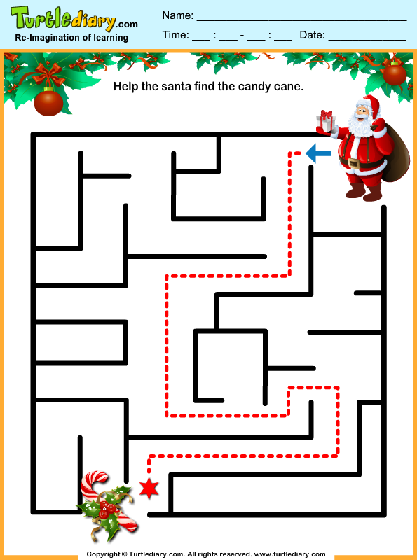 Santa Candy Cane Maze Worksheet - Turtle Diary